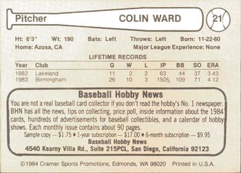 1984 Cramer Phoenix Giants #21 Colin Ward Back