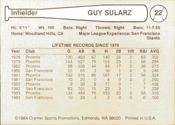 1984 Cramer Phoenix Giants #22 Guy Sularz Back