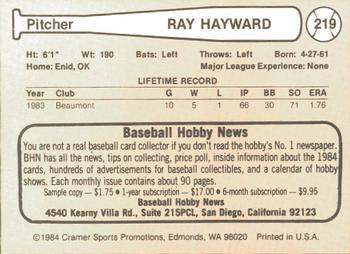 1984 Cramer Las Vegas Stars #219 Ray Hayward Back