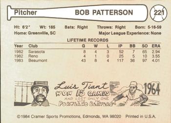 1984 Cramer Las Vegas Stars #221 Bob Patterson Back