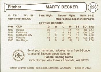 1984 Cramer Las Vegas Stars #226 Marty Decker Back