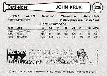 1984 Cramer Las Vegas Stars #228 John Kruk Back