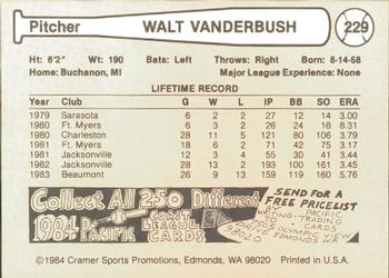 1984 Cramer Las Vegas Stars #229 Walt Vanderbush Back