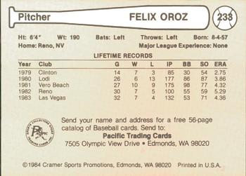 1984 Cramer Las Vegas Stars #233 Felix Oroz Back