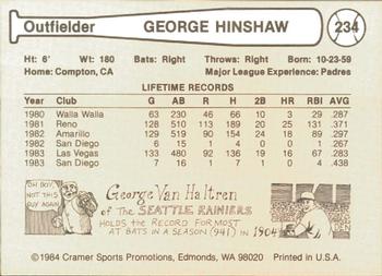1984 Cramer Las Vegas Stars #234 George Hinshaw Back