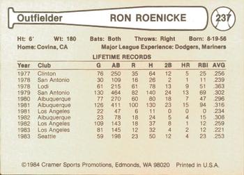 1984 Cramer Las Vegas Stars #237 Ron Roenicke Back