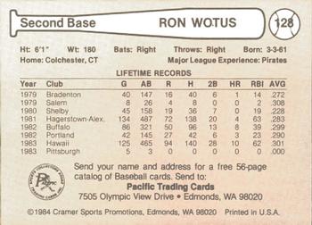 1984 Cramer Hawaii Islanders #128 Ron Wotus Back