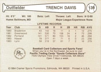 1984 Cramer Hawaii Islanders #139 Trench Davis Back