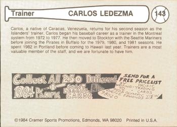 1984 Cramer Hawaii Islanders #143 Carlos Ledezma Back