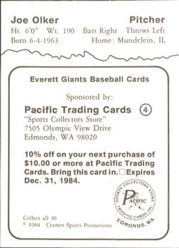 1984 Cramer Everett Giants #4 Joe Olker Back