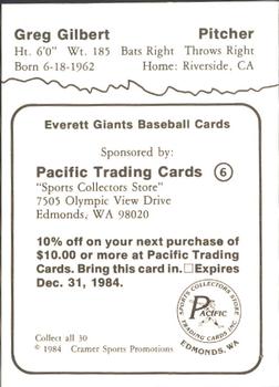 1984 Cramer Everett Giants #6A Greg Gilbert Back