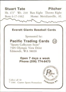 1984 Cramer Everett Giants #12 Stuart Tate Back