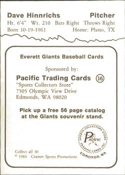 1984 Cramer Everett Giants #16 Dave Hinnrichs Back
