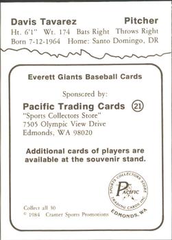 1984 Cramer Everett Giants #21 Davis Tavarez Back