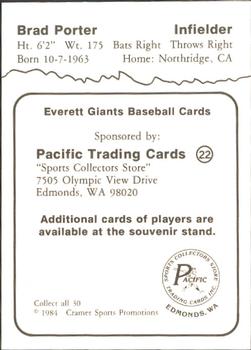 1984 Cramer Everett Giants #22A Brad Porter Back