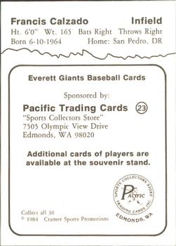 1984 Cramer Everett Giants #23 Francis Calzado Back