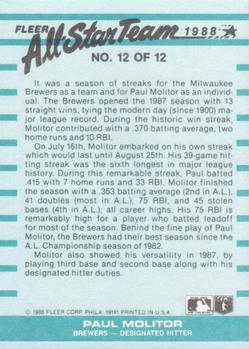 1988 Fleer - All-Star Team #12 Paul Molitor Back