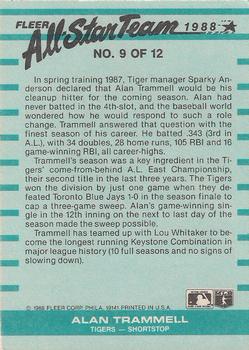 1988 Fleer - All-Star Team #9 Alan Trammell Back