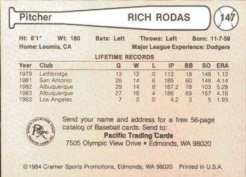 1984 Cramer Albuquerque Dukes #147 Rich Rodas Back