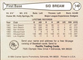 1984 Cramer Albuquerque Dukes #149 Sid Bream Back