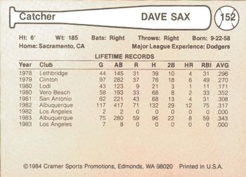 1984 Cramer Albuquerque Dukes #152 Dave Sax Back