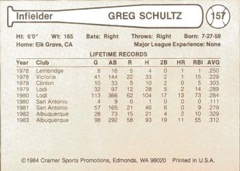 1984 Cramer Albuquerque Dukes #157 Greg Schultz Back
