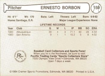 1984 Cramer Albuquerque Dukes #159 Ernesto Borbon Back
