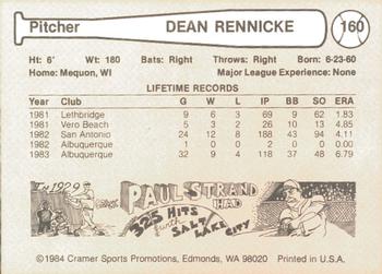 1984 Cramer Albuquerque Dukes #160 Dean Rennicke Back