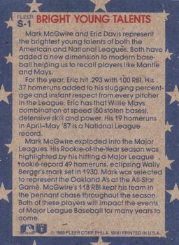 1988 Fleer Star Stickers - Wax Box Bottom Panels Singles #S-1 Mark McGwire / Eric Davis  Back