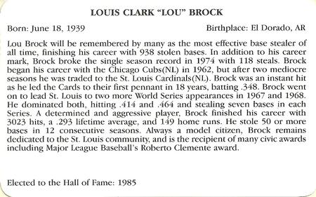 1995 Baseball's Hall of Famers Creating History #NNO Lou Brock Back