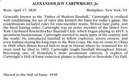 1995 Baseball's Hall of Famers Creating History #NNO Alexander Cartwright Back