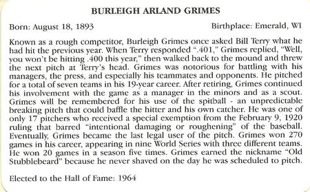 1995 Baseball's Hall of Famers Creating History #NNO Burleigh Grimes Back