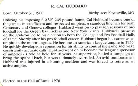 1995 Baseball's Hall of Famers Creating History #NNO Cal Hubbard Back