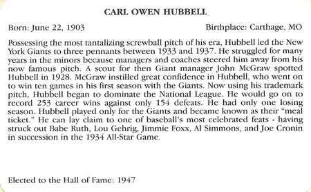 1995 Baseball's Hall of Famers Creating History #NNO Carl Hubbell Back