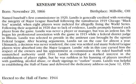 1995 Baseball's Hall of Famers Creating History #NNO Kenesaw Landis Back