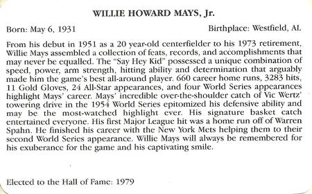 1995 Baseball's Hall of Famers Creating History #NNO Willie Mays Back