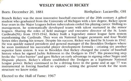1995 Baseball's Hall of Famers Creating History #NNO Branch Rickey Back
