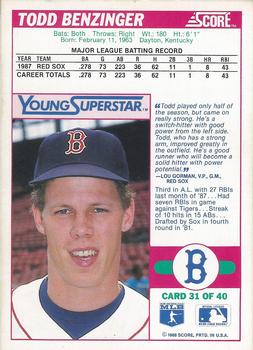 1988 Score - Young Superstars Series I #31 Todd Benzinger Back