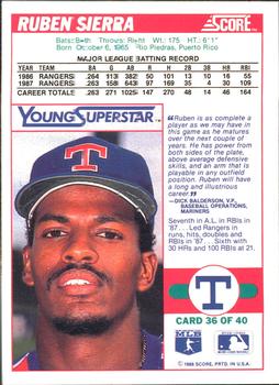 1988 Score - Young Superstars Series I #36 Ruben Sierra Back
