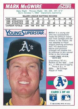 1988 Score - Young Superstars Series I #1 Mark McGwire Back