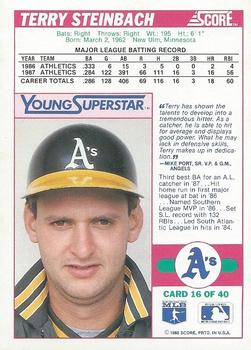 1988 Score - Young Superstars Series I #16 Terry Steinbach Back