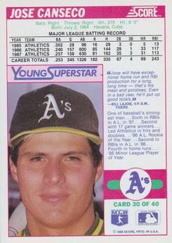1988 Score - Young Superstars Series I #30 Jose Canseco Back