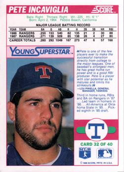 1988 Score - Young Superstars Series I #32 Pete Incaviglia Back