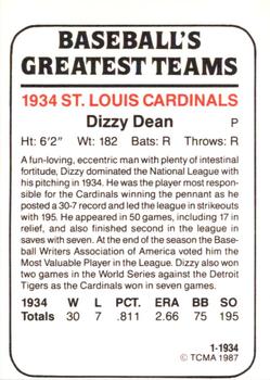 1987 TCMA 1934 St. Louis Cardinals #1 Dizzy Dean Back