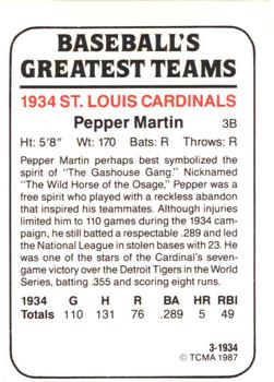 1987 TCMA 1934 St. Louis Cardinals #3 Pepper Martin Back