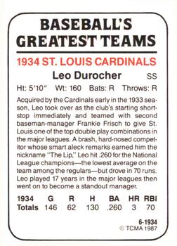 1987 TCMA 1934 St. Louis Cardinals #6 Leo Durocher Back