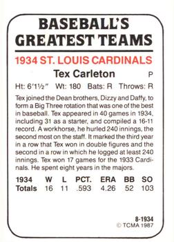1987 TCMA 1934 St. Louis Cardinals #8 Tex Carleton Back
