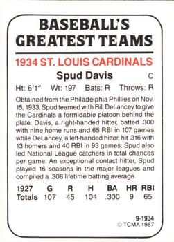 1987 TCMA 1934 St. Louis Cardinals #9 Spud Davis Back