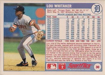 1988 Sportflics #30 Lou Whitaker Back