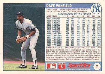 1988 Sportflics #7 Dave Winfield Back